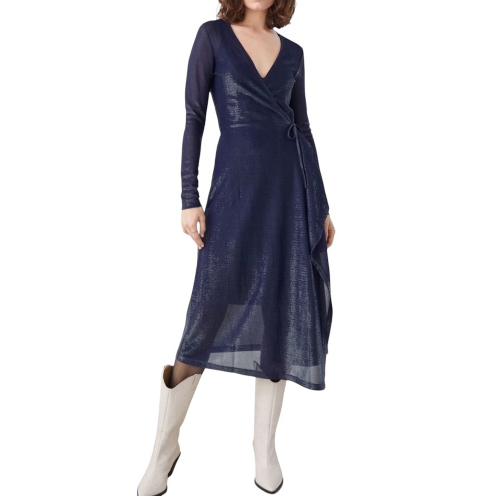 & Other Stories Sheer Metallic Long Sleeve Midi Wrap Dress Navy Blue Size 2
